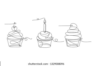Dibujo continuo de una línea. Colección de pasteles. Estilo lineal
