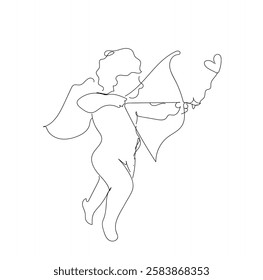 Continuous one line drawing of Cupid isolated on white background. vector illustration for banner, poster, web, template, valentine's card. Hand made vector not AI.