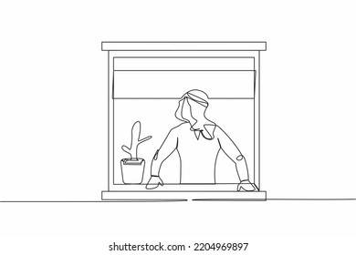 Continuous one line drawing curious Arab businessman looking outside window. Stay at home during coronavirus covid-19. Man with a plant watching out the window. Single line design vector illustration