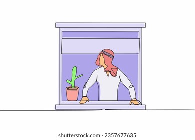 Continuous one line drawing curious Arab businessman looking outside window. Stay at home during coronavirus covid-19. Man with a plant watching out the window. Single line design vector illustration