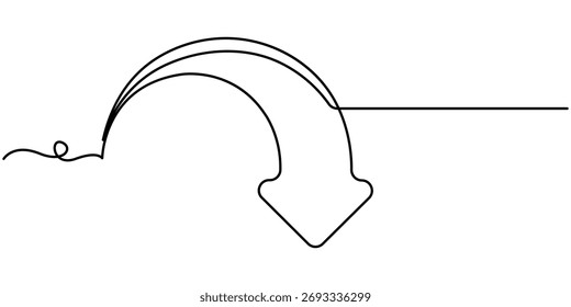  continuous one line drawing curved arrow, pointing design outline vector illustration, isolated on whit background. 