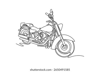 Uma linha contínua desenho personalizado bobber moto estacionado em uma oficina garagem. Moto clássico para excursão ou aventura no país ou estrada. Ilustração gráfica vetorial de design de desenho de linha única