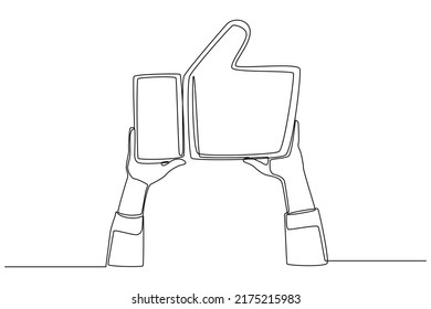 Continuous one line drawing customer hand rise thumb up to product. Satisfaction customer concept. Single line draw design vector graphic illustration.
