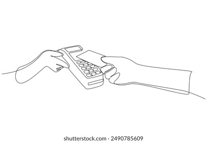 Continuous one line drawing of customer tapping contactless credit card with credit card machine, cashless payment concept, single line art.