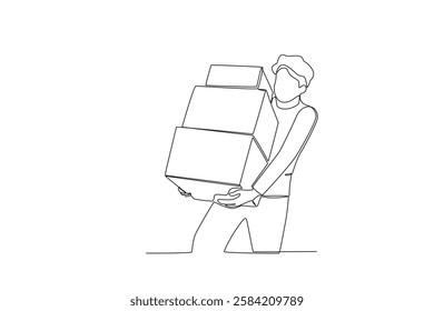 Continuous one line drawing of a customer who is picking up a package from the courier. Single line draw design vector graphic illustration
