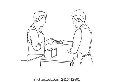 Continuous one line drawing Customers paying at checkout and cashier counters concept. Doodle vector illustration.