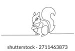 Continuous One Line Drawing of a Cute Squirrel Holding an Acorn. Minimalist Forest Wildlife and Nature Concept. Simple Single Line Vector Illustration.