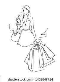 Continuous one line drawing Cute Woman with shopping bags in their hands. Fashion girl with paper glass of coffee walking down the street vector illustration isolated on white background