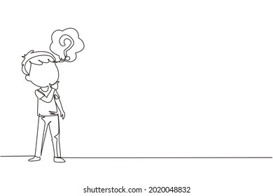 Continuous one line drawing cute boy thinking. Kids think creative idea. Bubble with question mark sign. Concept of learning and growing children. Single line draw design vector graphic illustration