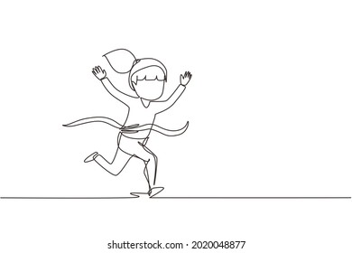 Continuous one line drawing cute girl run in race and win first place. Little kid running to finish line first, children physical activity concept. Single line draw design vector graphic illustration