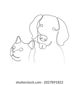 Continuous one line drawing with cute cat and dog faces. Contemporary vector illustration on white background. Black line art on white background.