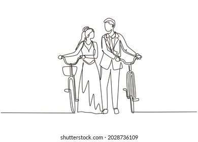 Continuous One Line Drawing Cute Married Couple Walking Down Forest Road With Their Bicycles On Summer Day. Romantic Man And Woman In Love Wearing Wedding Dress. Single Line Draw Design Vector Graphic