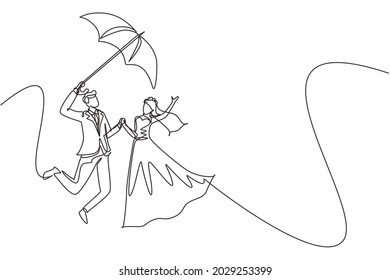 Continuous one line drawing cute couple in love walking under rain with umbrella and jumping. Man and woman wearing wedding dress. Married couple romantic relationship. Single line draw design vector