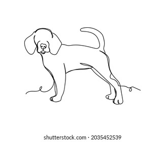 Continuo dibujo de una línea adorable cachorro beagle en silueta sobre un fondo blanco. Linear estilizado.
