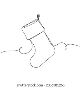 Continuous one line drawing of cute christmas stocking in silhouette on a white background. Linear stylized.