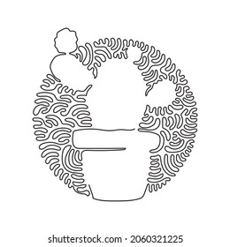 Continuous one line drawing cute potted tropical prickly cactus plant. Printable decorative houseplant for home wall decor ornament. Swirl curl circle background style. Single line draw design vector