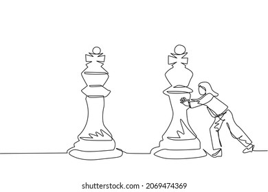 Continuous one line drawing cute businesswoman push huge king chess piece. Business strategy and marketing plan. Strategic move in business concept. Single line draw design vector graphic illustration