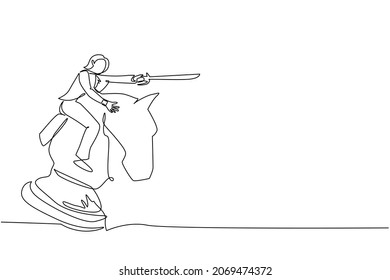 Continuous one line drawing cute businesswoman riding big chess horse knight with sword. Strategy, business, competition, achievement goal concept. Single line draw design vector graphic illustration