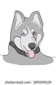 Continuous one line drawing of cute Dog Husky. Funny domestic pets. Vector illustration