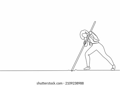 Continuous one line drawing cute businesswoman mark goal with arrow. Woman holding arrow, hits target on ground. Achieving goal. Focus marketing target strategy. Single line design vector illustration