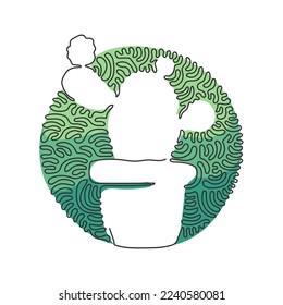 Continuous one line drawing cute potted tropical prickly cactus plant. Printable decorative houseplant for home wall decor ornament. Swirl curl circle background style. Single line draw design vector