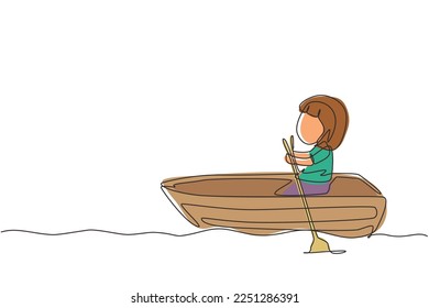 Continuous one line drawing cute little girl riding on boat at river. Kids riding on wooden boat. Kids rowing boat on lake. Happy children paddle boat. Single line design vector graphic illustration