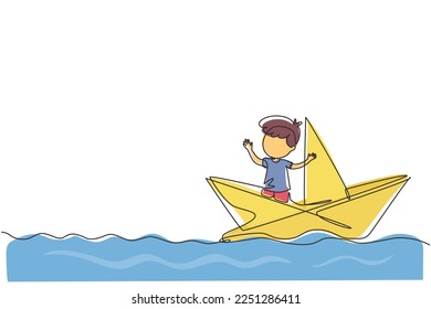 Continuous one line drawing cute smiling little boy sailing paper boat  Happy smiling kid having fun   playing sailor in imaginary world  Single line draw design vector graphic illustration