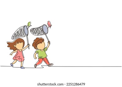 Continuous one line drawing cute little boys and girls catches butterfly. Happy child runs at garden together. Happy kids catching bugs in field. Single line draw design vector graphic illustration