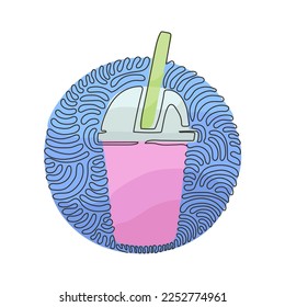 Kontinuierlich eine Linie zeichnen süßen Boba Blase Milchtee. Köstlicher Perlmilchtee in Plastikbechern. Beliebtes Getränk. Schwirl-Kreis-Hintergrund-Stil. Vektorgrafik-Illustration mit Einzelzeilenzeichnung