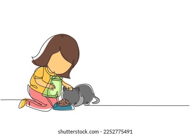 Continuous one line drawing cute smiling little girl feeding her cat at home, adorable kid caring for animal. Kids doing housework chores at home. Single line draw design vector graphic illustration