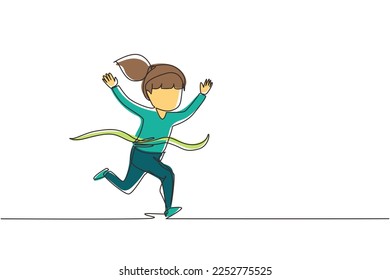 Continuous one line drawing cute girl run in race and win first place. Little kid running to finish line first, children physical activity concept. Single line draw design vector graphic illustration