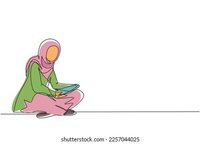 Continuous one line drawing cute Arabian lady sitting on floor, reading book. Adorable young woman spending weekend at home. Leisure activity, relaxation. Single line draw design vector illustration