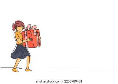 Continuous one line drawing cute little girl walking and hugging big ribbon bow wrapped gift box. Kid carries holiday gift with big red bow in her hands. Single line draw design vector illustration