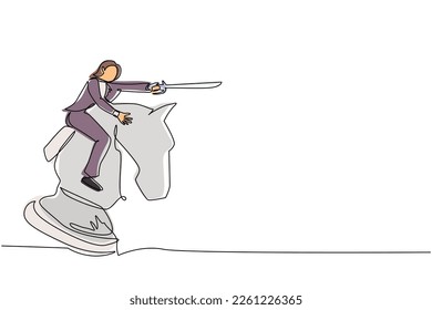 Continuous one line drawing cute businesswoman riding big chess horse knight with sword. Strategy, business, competition, achievement goal concept. Single line draw design vector graphic illustration