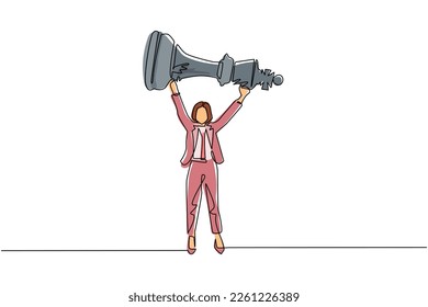 Continuous one line drawing cute businesswoman holding, lifting king chess piece. Successful entrepreneurship tactics or strategy, superiority in business. Single line draw design vector illustration