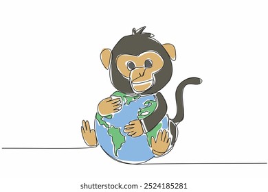 Continuo una línea de dibujo mono lindo abrazando globo. Proteger de la extinción. Haz eterno el patrimonio cultural con su vida. Hábitat. Día Mundial de la Vida Silvestre. Ilustración vectorial de diseño de dibujo de línea única