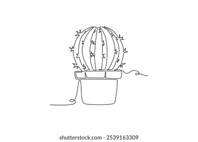 Continuous one line drawing of cute potted tropical spiky cactus plant. Printable decorative houseplant concept for home wall decoration ornament. Single line draw design vector graphic illustration