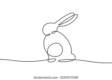 Continuous One Line Drawing of Cute Easter Rabbit. Easter Bunny for Spring Design in Simple Linear Style. Editable Stroke. Rabbit Doodle Black on White Vector Illustration. Not AI