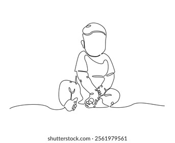 Continuous one line drawing of cute baby boy sitting. Cute toddler child in single line draw vector illustration. Editable line vector. 