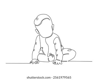 Continuous one line drawing of cute baby boy sitting. Cute toddler child in single line draw vector illustration. Editable line vector. 