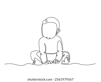 Continuous one line drawing of cute baby boy sitting. Cute toddler child in single line draw vector illustration. Editable line vector. 