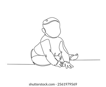 Continuous one line drawing of cute baby boy sitting. Cute toddler child in single line draw vector illustration. Editable line vector. 