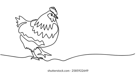 Continuous one line drawing of Cute chicken. Silhouette of chickens on a white background in a minimalist style for spring design greeting card and web banner. Vector illustration