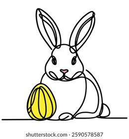 Continuous one line drawing of cute Easter Bunny with egg. Vector illustration