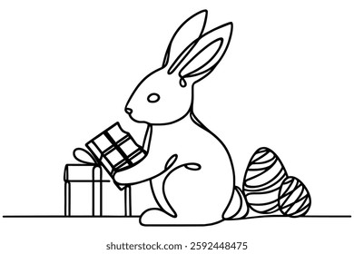 Continuous one line drawing of cute Easter Bunny with egg ang chocolate. Vector illustration