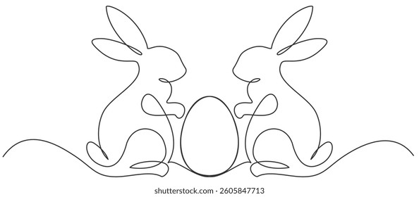 Continuous One Line Drawing of Cute Easter Rabbit with Egg. Easter Bunny for Spring Design in Simple Linear Style. Editable Stroke. Rabbit and eggs line art Vector Illustration