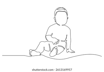 Continuous one line drawing of cute baby boy sitting. one continuous drawing line, logo single hand drawn art doodle isolated minimal illustration. 