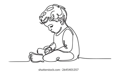 Desenho contínuo de uma linha de bebê bonito sentado. Menina bonita em uma única linha desenhar ilustração vetorial. Vetor de linha editável.