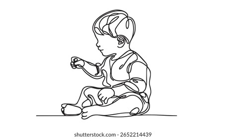 Desenho contínuo de uma linha de bebê bonito sentado. Menina bonita em uma única linha desenhar ilustração vetorial. Vetor de linha editável.