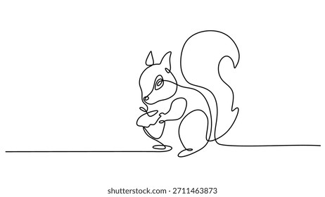 Dibujo continuo de una línea de una ardilla linda que sostiene una bellota. Concepto minimalista de vida silvestre y Naturaleza forestal. Ilustración vectorial simple de una sola línea.